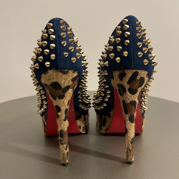 Lady peep studded leopard blue suede open toe heels - Picture 2 of 14